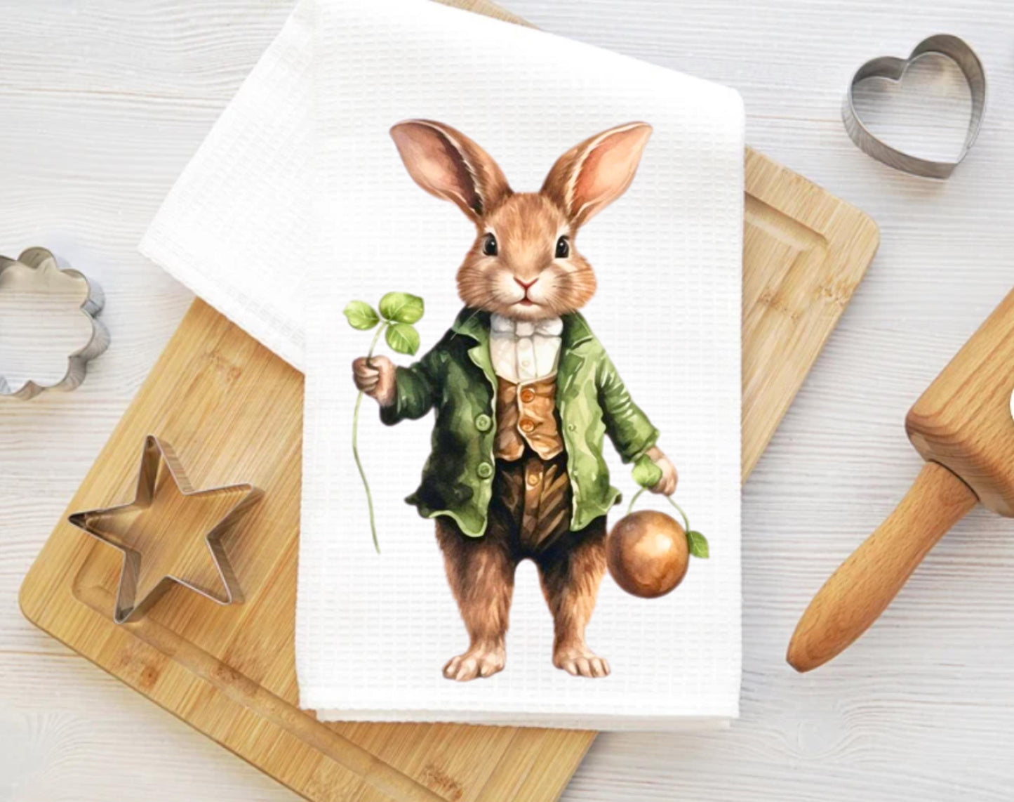 Watercolor Bunny Shamrock Waffle Weave Kitchen Towel: St. Patrick's Day Easter Decor
