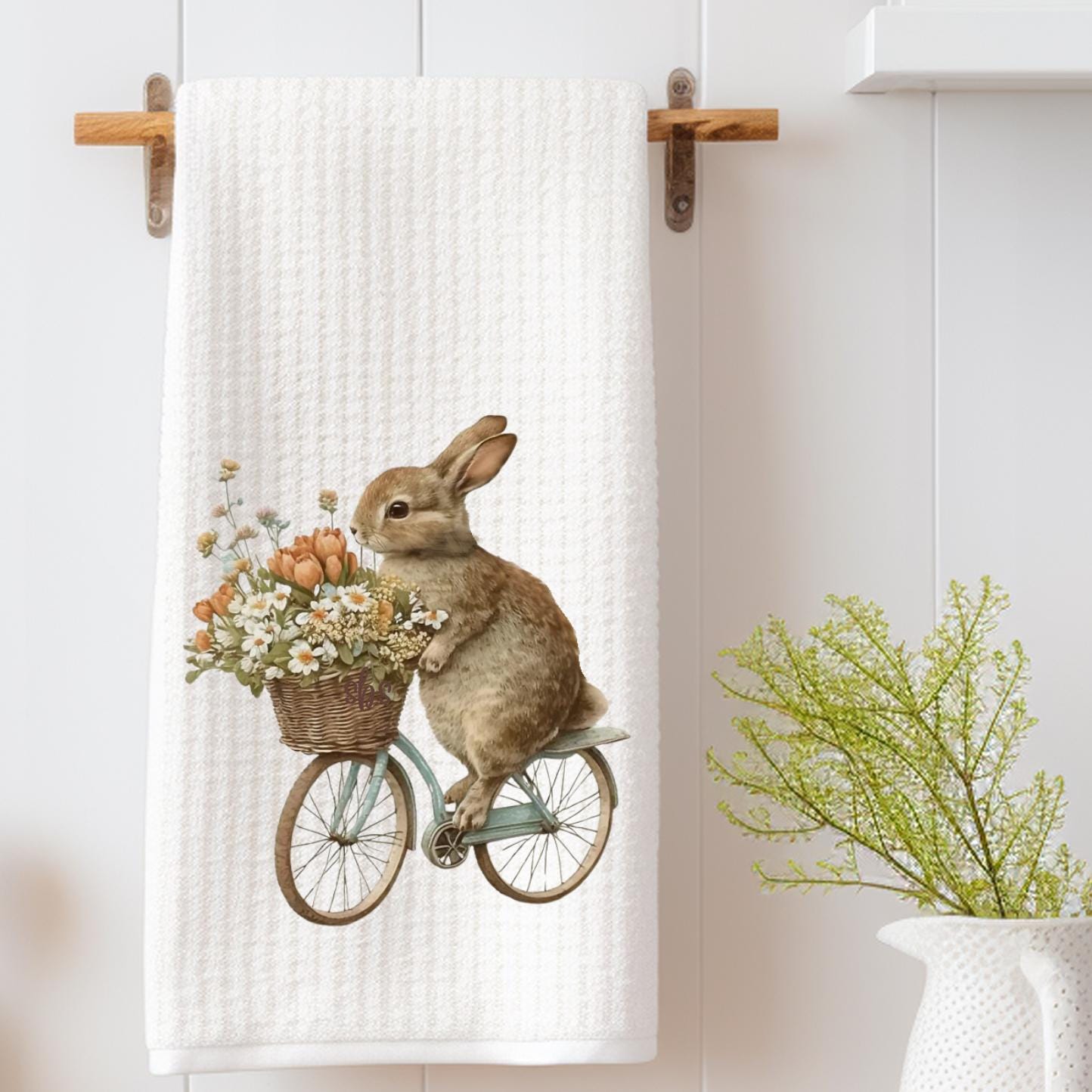 Bunny on Bike Tea Towel: Clover Waffle Weave Kitchen Decor