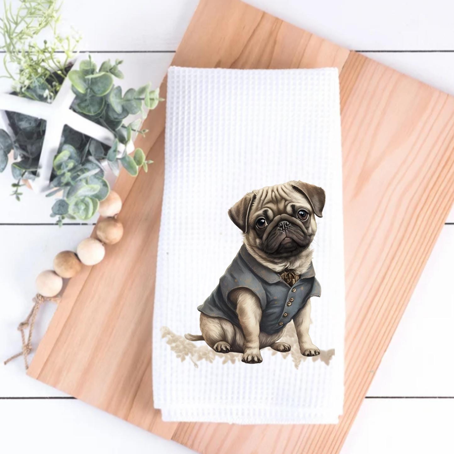 Dapper Pug Dog Tea Towel: Decorative Dog Decor