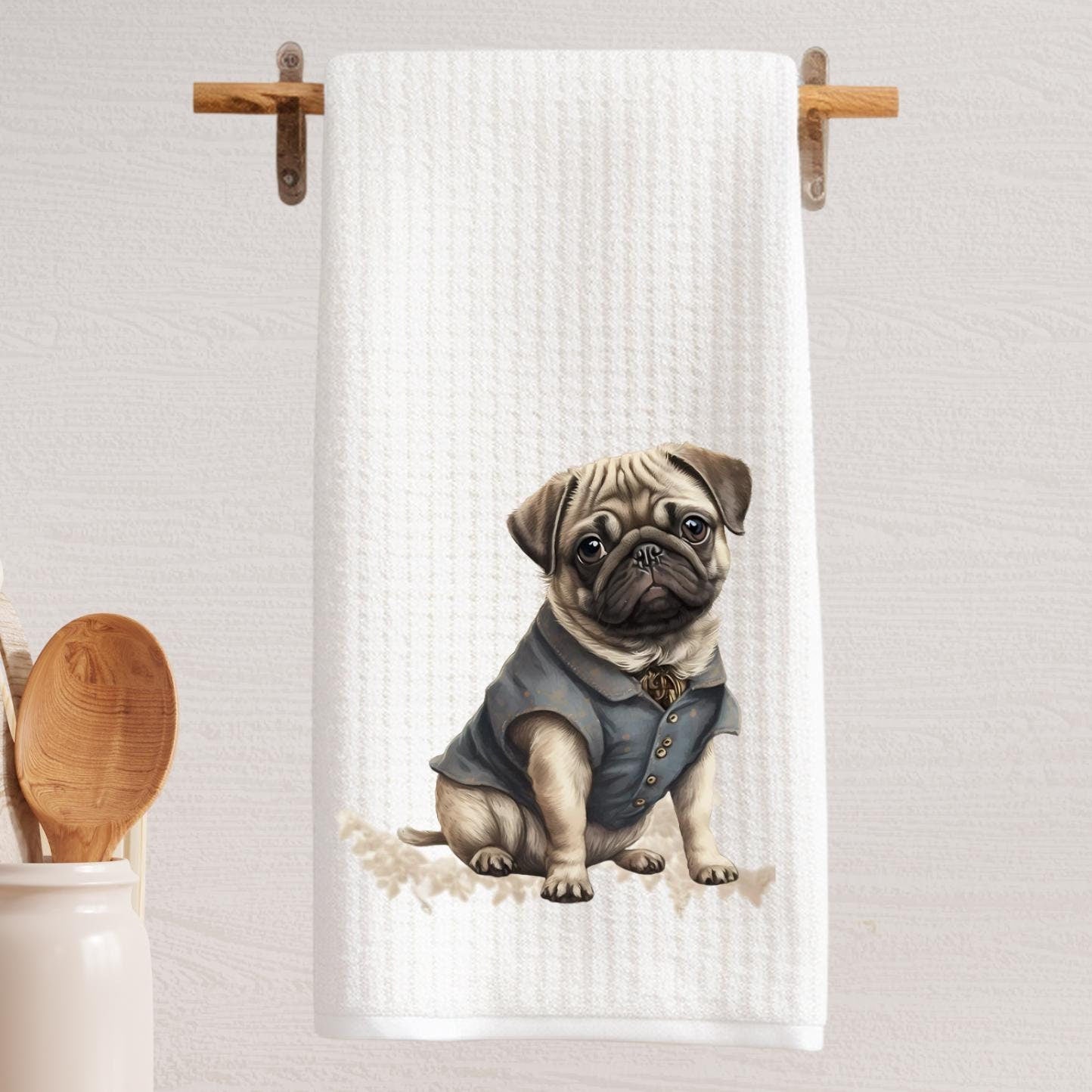 Dapper Pug Dog Tea Towel: Decorative Dog Decor