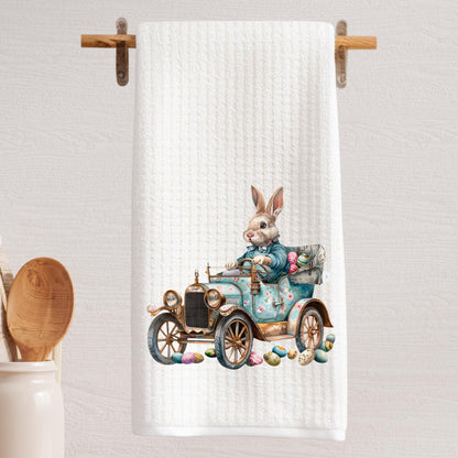 Easter Bunny in Vintage Car Waffle Weave Tea Towel