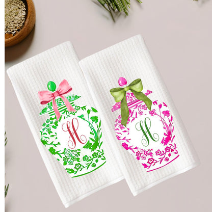 Monogrammed Kitchen Towel Set: Pink & Green Ginger Jar, Chinoiserie Decor