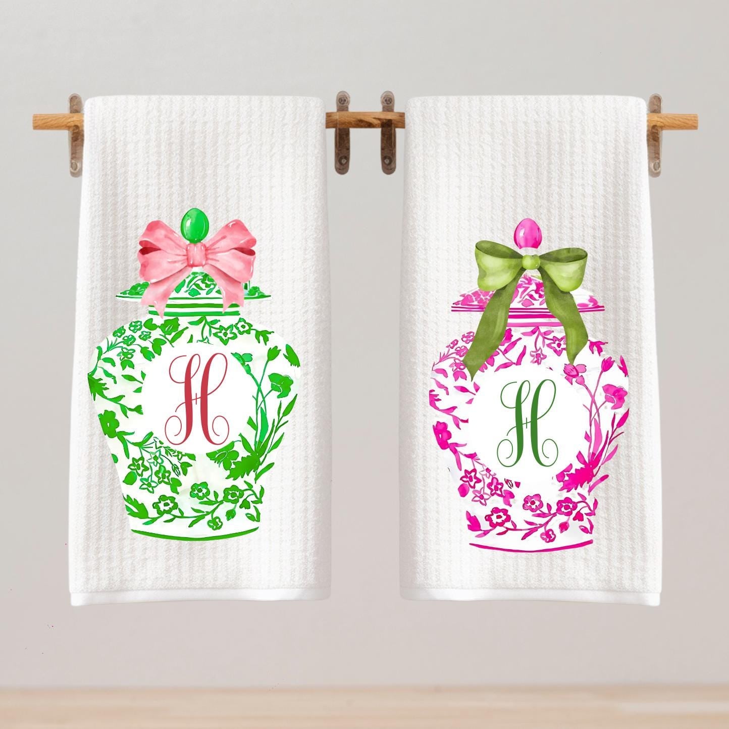Monogrammed Kitchen Towel Set: Pink & Green Ginger Jar, Chinoiserie Decor