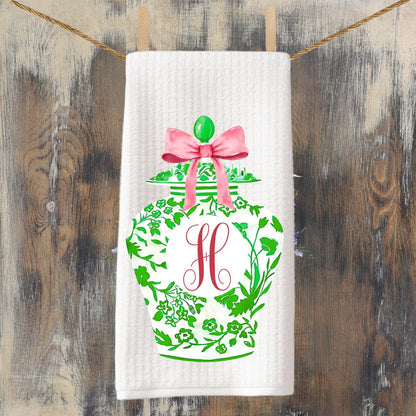 Monogrammed Kitchen Towel Set: Pink & Green Ginger Jar, Chinoiserie Decor