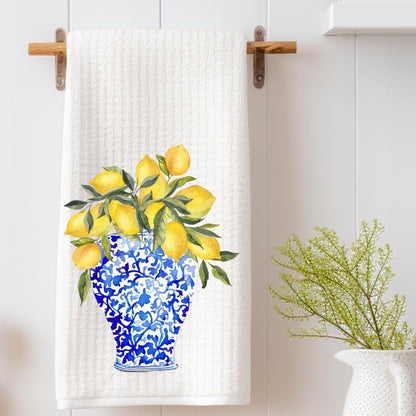 Chinoiserie Lemon Vase Tea Towel: Blue & Yellow Kitchen Decor
