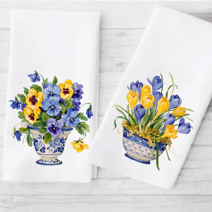 Pansies and Crocus Flowers Tea Towel