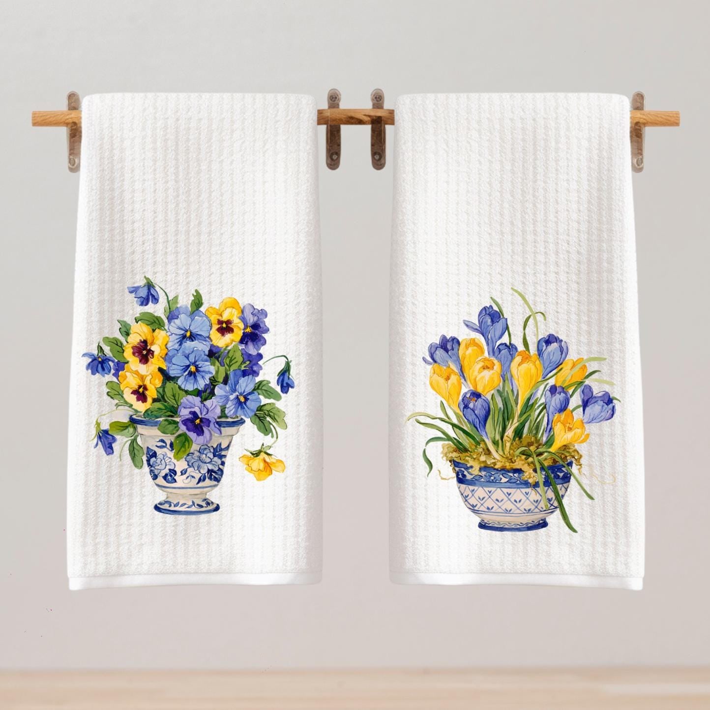 Pansies and Crocus Flowers Tea Towel