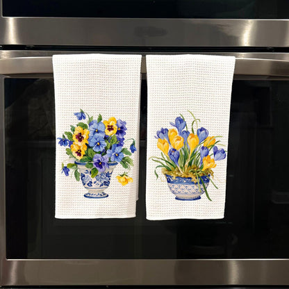 Pansies and Crocus Flowers Tea Towel