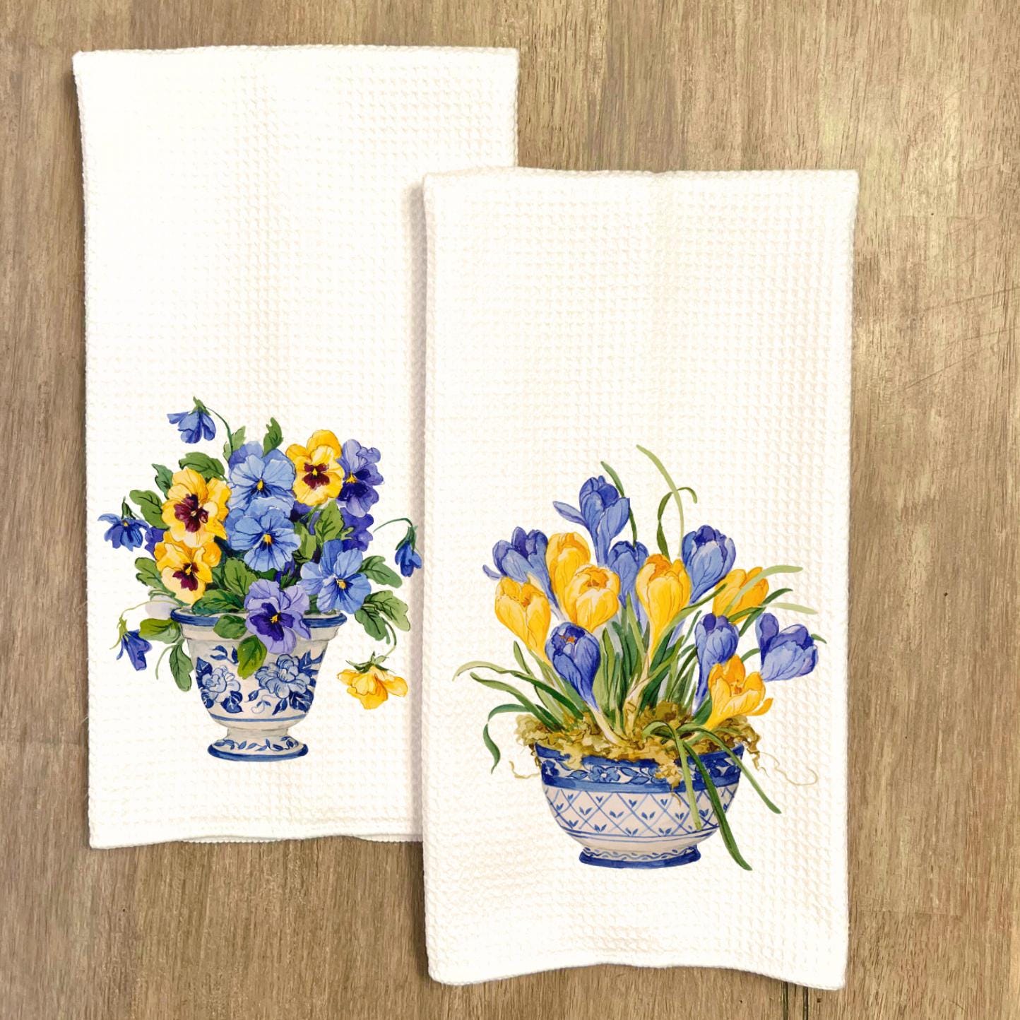Pansies and Crocus Flowers Tea Towel