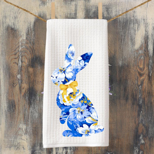 Blue Floral Bunny  – Waffle Weave Spring Kitchen Decor, Cottage Gift, Seasonal Easter Home Charm