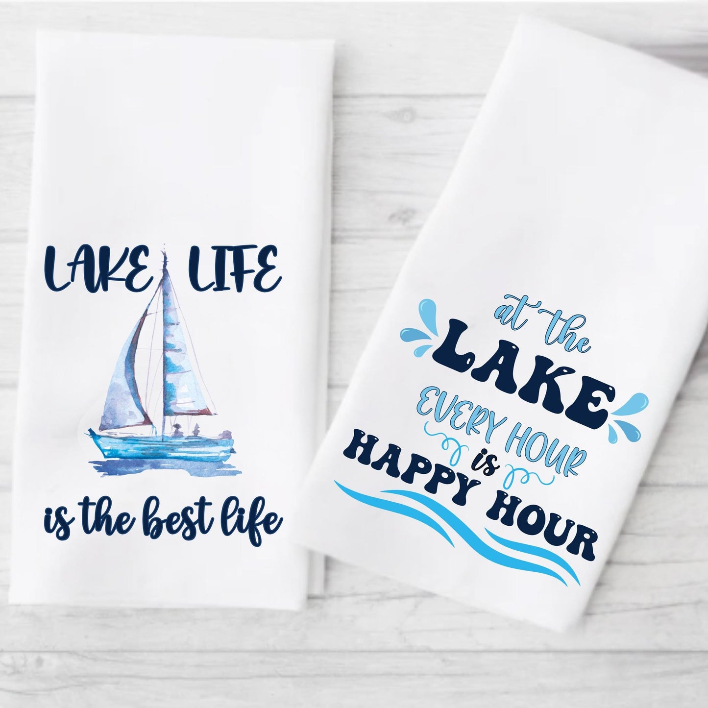 Lake House Tea Towel: Sailboat & Happy Hour Designs