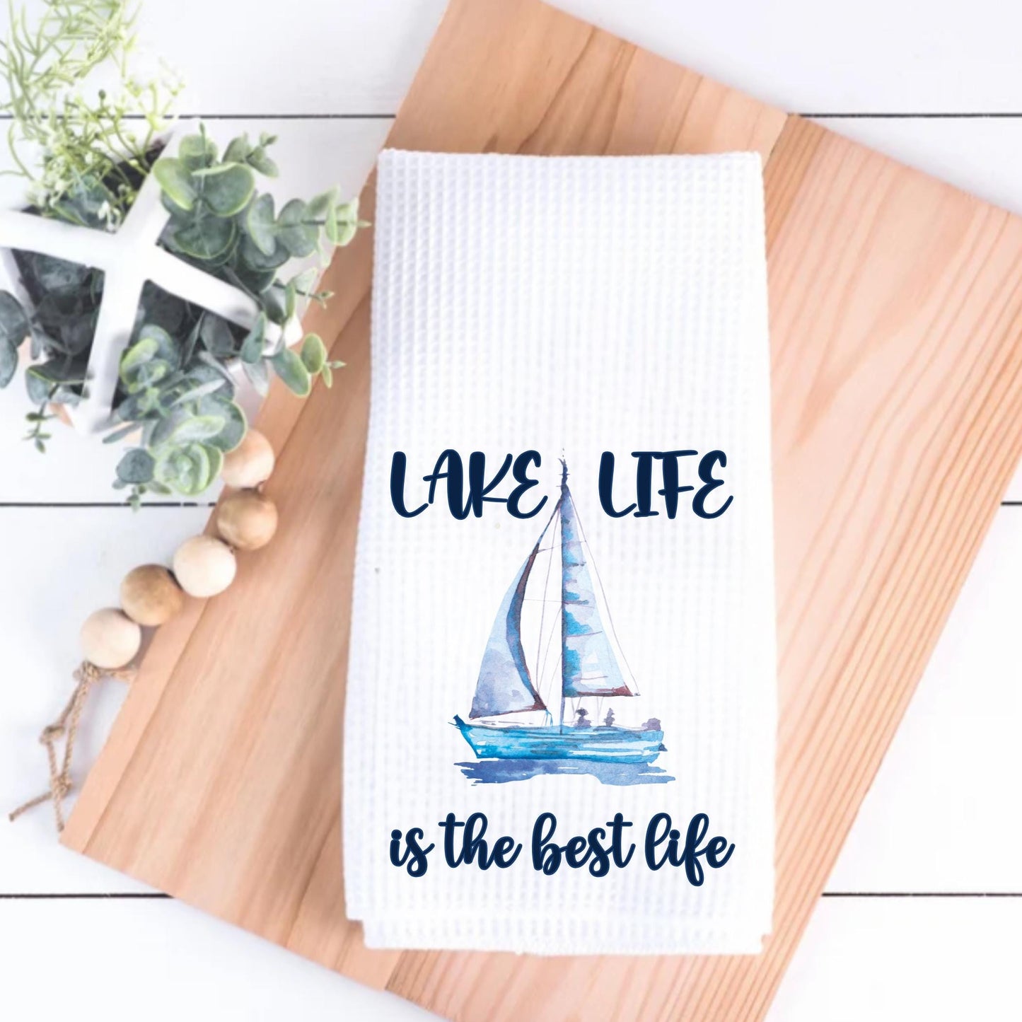 Lake Life Tea Towel: Watercolor Sailboat Waffle Weave