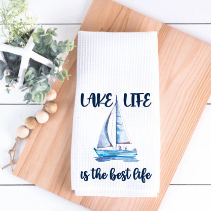 Lake Life Tea Towel: Watercolor Sailboat Waffle Weave