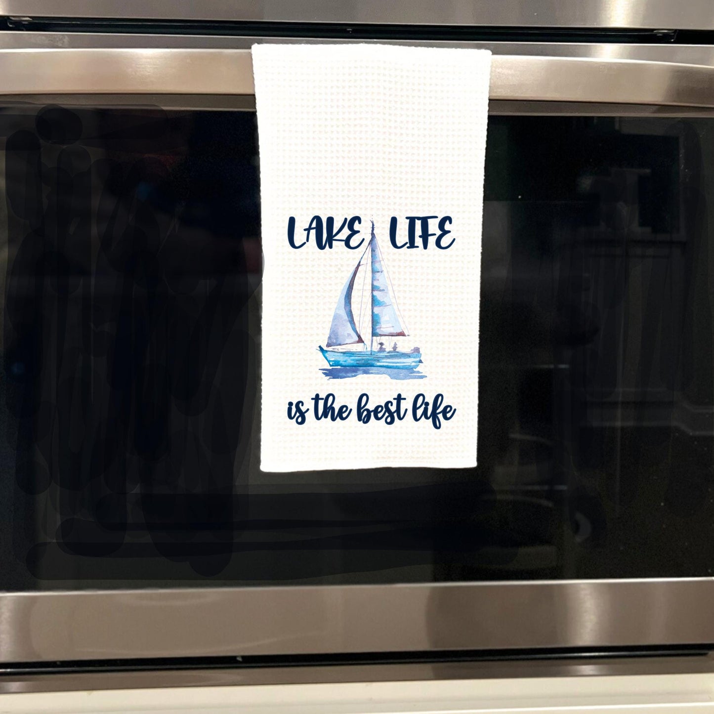 Lake Life Tea Towel: Watercolor Sailboat Waffle Weave