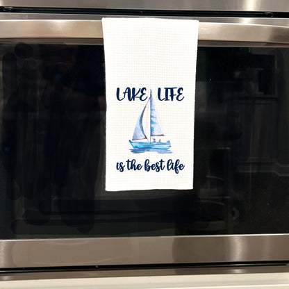 Lake Life Tea Towel: Watercolor Sailboat Waffle Weave