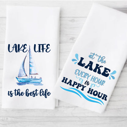 Lake House Waffle Weave Tea Towel: Happy Hour Lake Life Decor