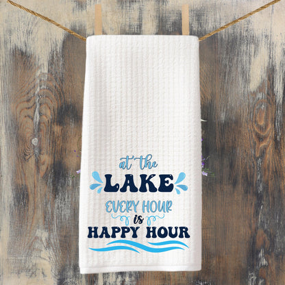 Lake House Waffle Weave Tea Towel: Happy Hour Lake Life Decor