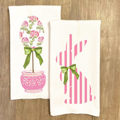 Easter Waffle Weave Tea Towel: Pink Bunny or Floral Egg Topiary