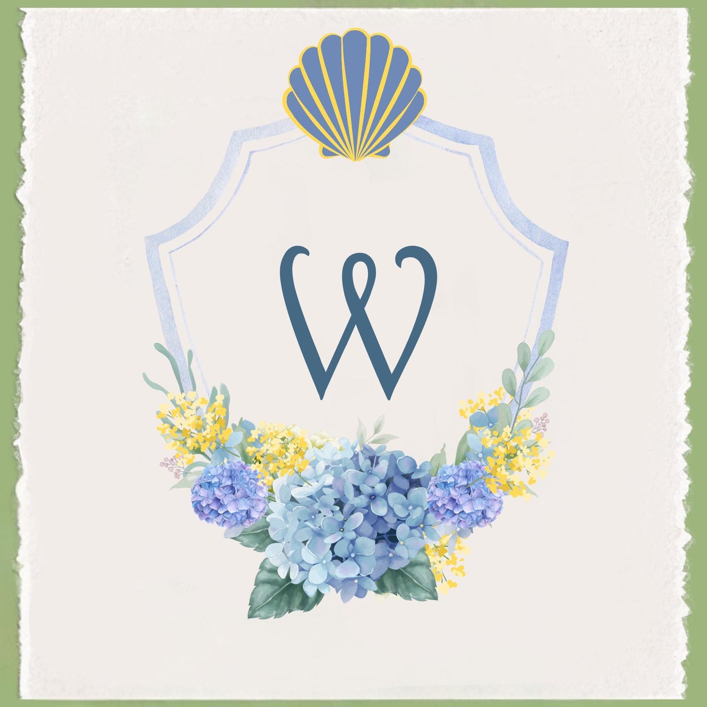 Sea Shell and Hydrangea Nantucket Monogram Tea Towel | Preppy Coastal Decor | Beach Decor | Beach House | Shore Decor | By The Shore
