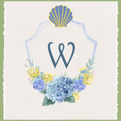 Sea Shell and Hydrangea Nantucket Monogram Tea Towel | Preppy Coastal Decor | Beach Decor | Beach House | Shore Decor | By The Shore