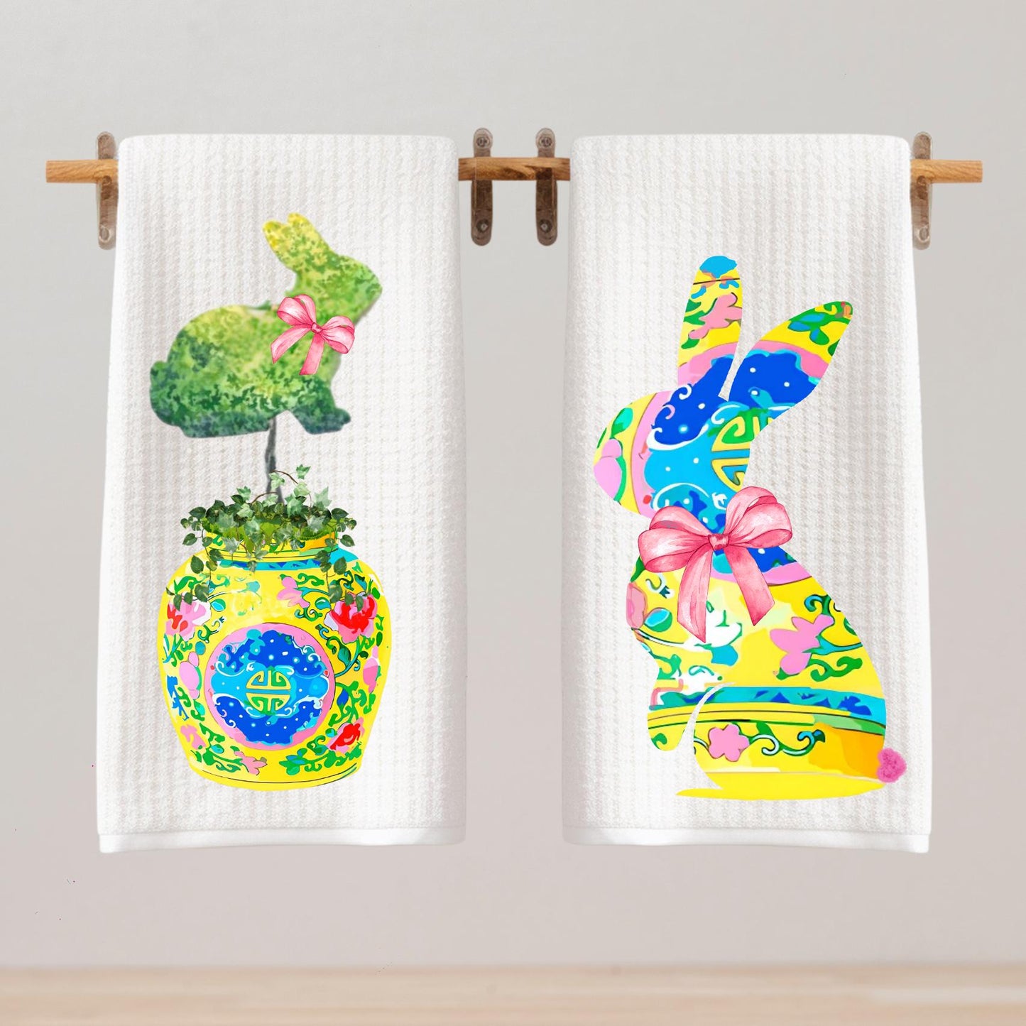 Chinoiserie Bunny Tea Towel: Easter Rabbit, Spring Kitchen Decor