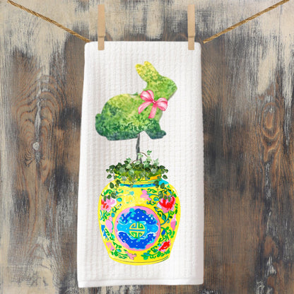 Chinoiserie Bunny Tea Towel: Easter Rabbit, Spring Kitchen Decor