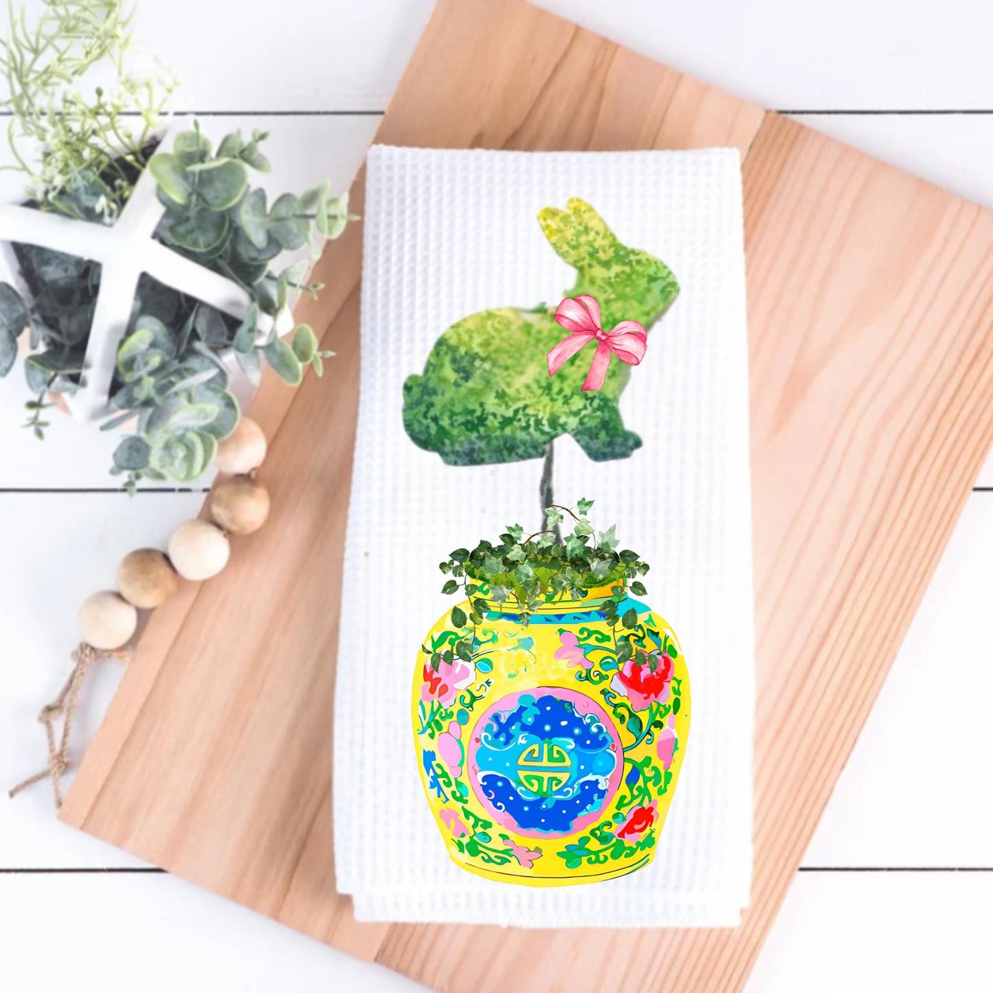 Chinoiserie Bunny Tea Towel: Easter Rabbit, Spring Kitchen Decor