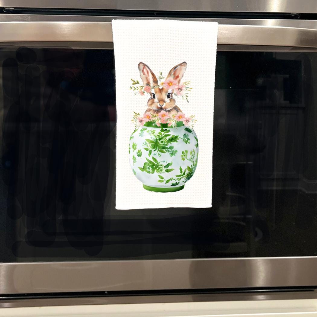 Chinoiserie Bunny Waffle Weave Tea Towel: Green Ginger Jar, Easter Decor