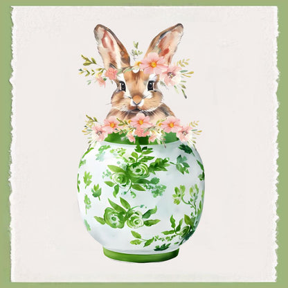 Chinoiserie Bunny Waffle Weave Tea Towel: Green Ginger Jar, Easter Decor