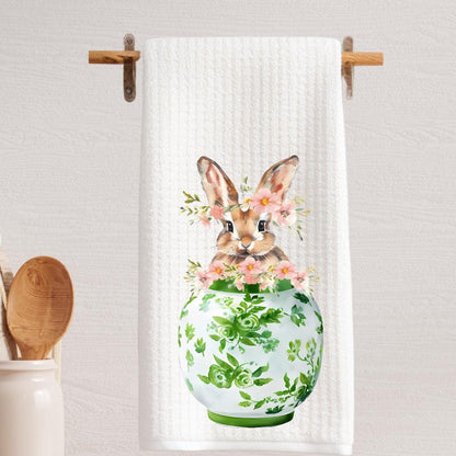 Chinoiserie Bunny Waffle Weave Tea Towel: Green Ginger Jar, Easter Decor