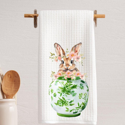 Chinoiserie Bunny Waffle Weave Tea Towel: Green Ginger Jar, Easter Decor