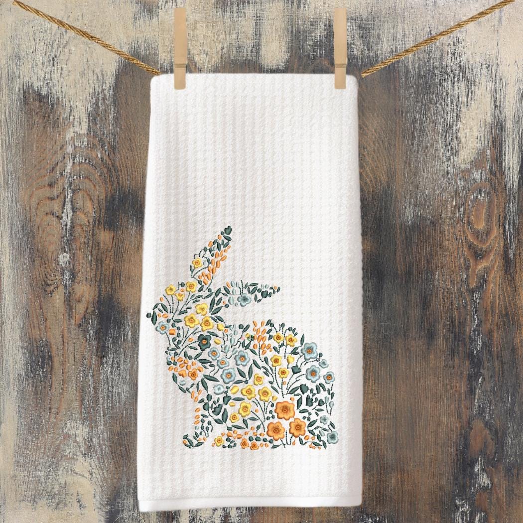 Floral Bunny Tea Towel: Easter Spring Kitchen Decor, Monogram Option