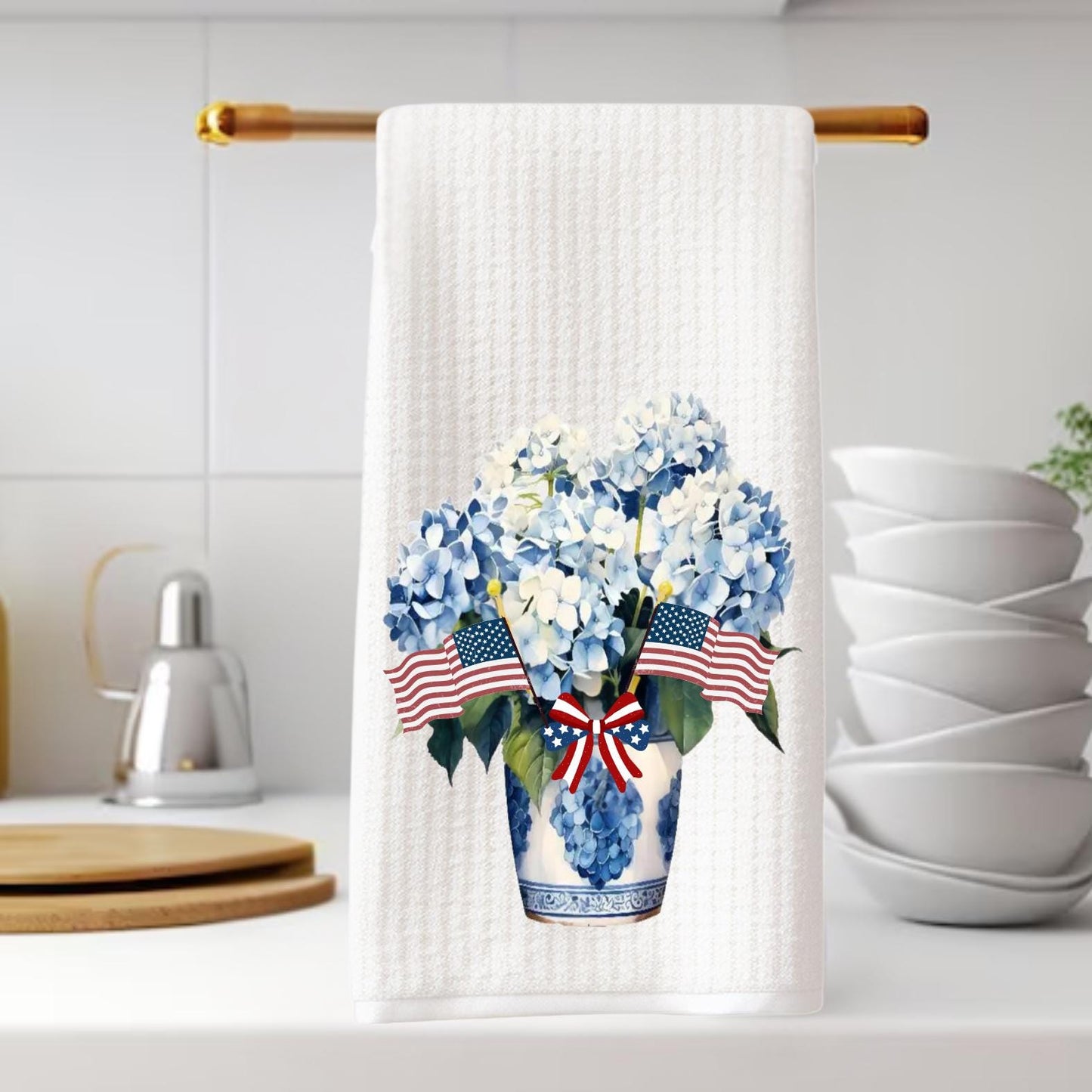 Patriotic Hydrangea Tea Towel: American Flag 4th of July Decor