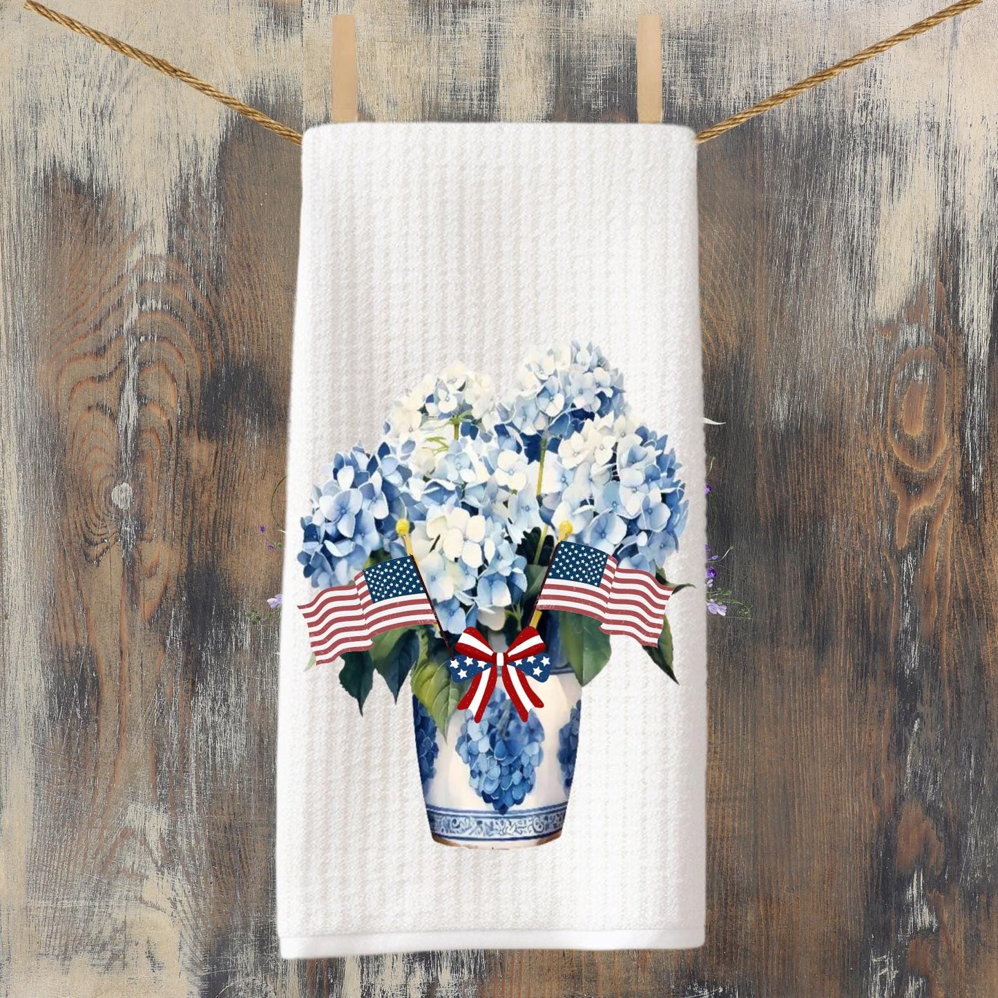 Patriotic Hydrangea Tea Towel: American Flag 4th of July Decor