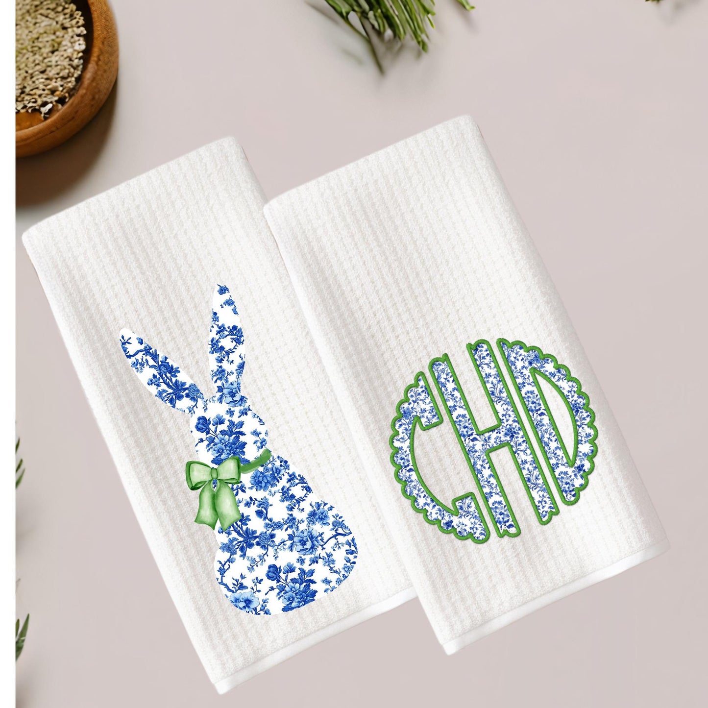 Preppy Chinoiserie Tea Towel Set: Blue Bunny or Monogram Decor