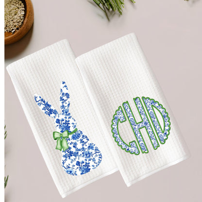 Preppy Chinoiserie Tea Towel Set: Blue Bunny or Monogram Decor