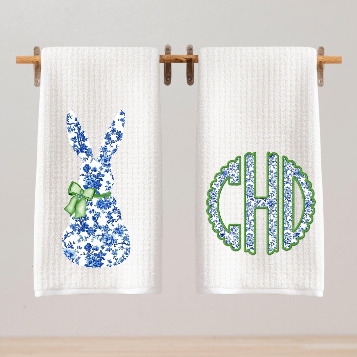 Preppy Chinoiserie Tea Towel Set: Blue Bunny or Monogram Decor