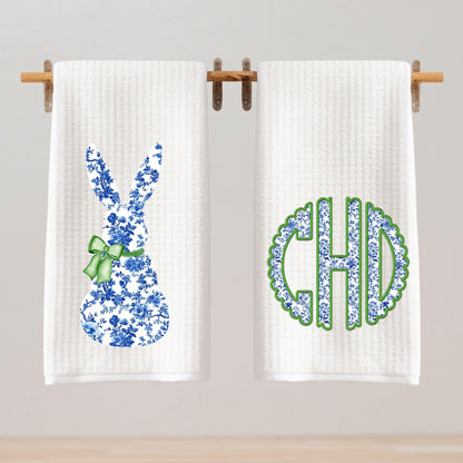 Preppy Chinoiserie Tea Towel Set: Blue Bunny or Monogram Decor