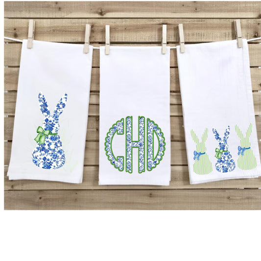 Preppy Chinoiserie Tea Towel Set: Blue Bunny or Monogram Decor