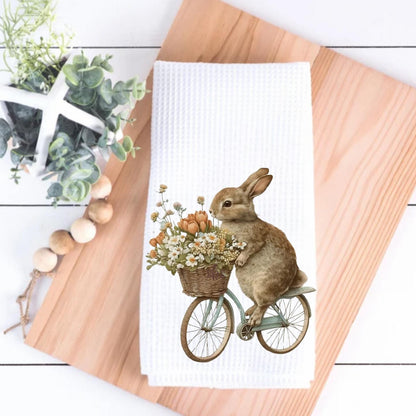 Bunny on Bike Tea Towel: Clover Waffle Weave Kitchen Decor