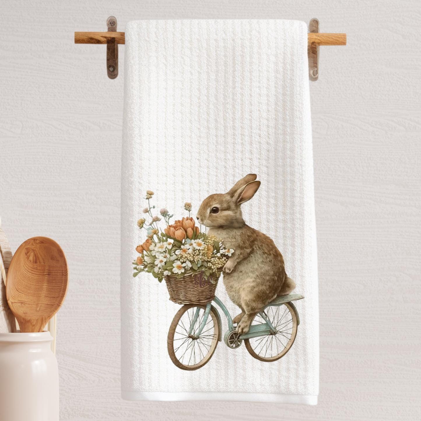 Bunny on Bike Tea Towel: Clover Waffle Weave Kitchen Decor