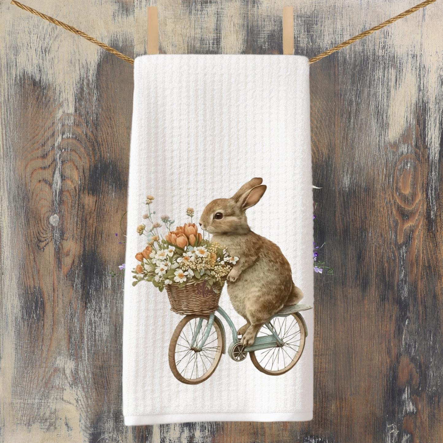 Bunny on Bike Tea Towel: Clover Waffle Weave Kitchen Decor