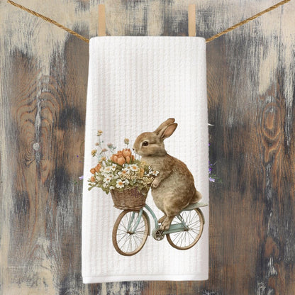 Bunny on Bike Tea Towel: Clover Waffle Weave Kitchen Decor