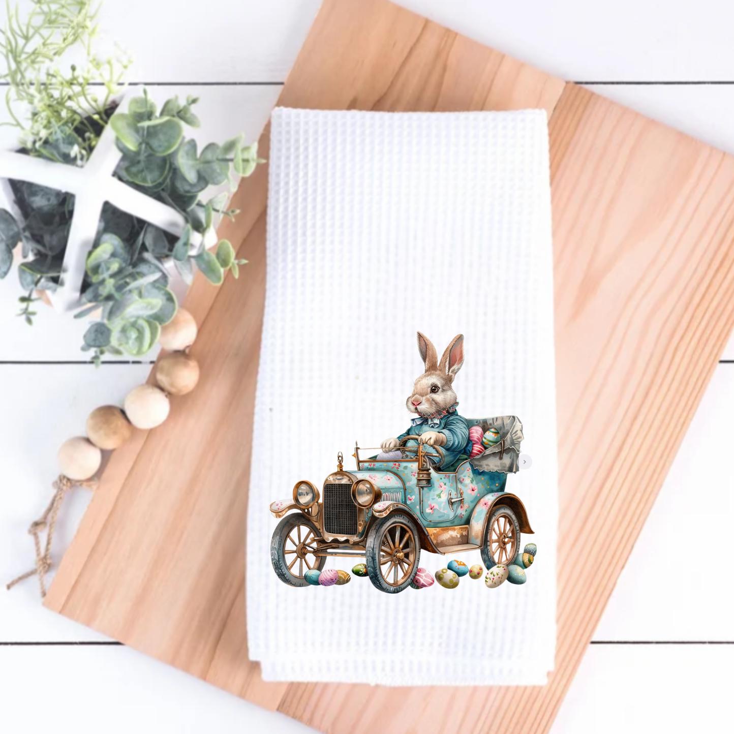 Easter Bunny in Vintage Car Waffle Weave Tea Towel