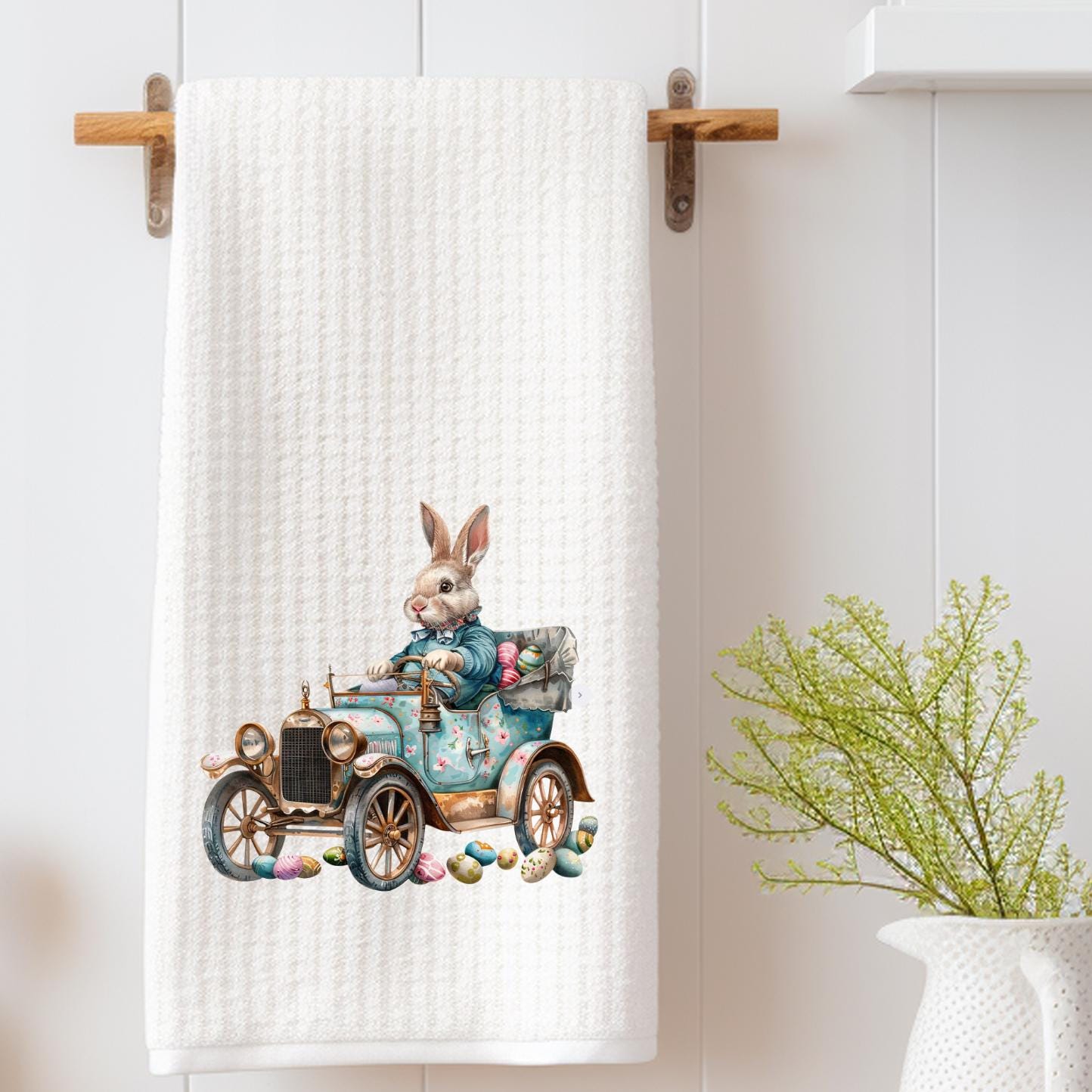 Easter Bunny in Vintage Car Waffle Weave Tea Towel