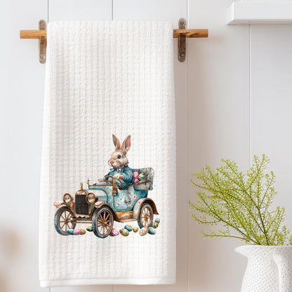 Easter Bunny in Vintage Car Waffle Weave Tea Towel