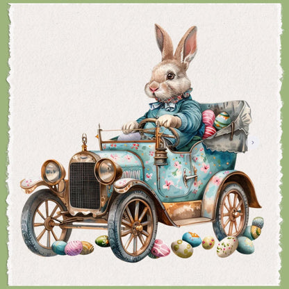 Easter Bunny in Vintage Car Waffle Weave Tea Towel