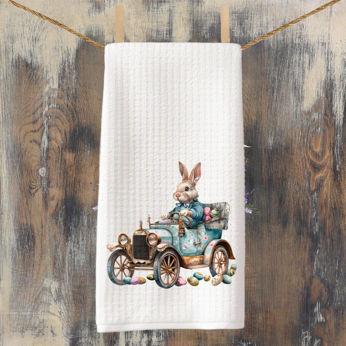 Easter Bunny in Vintage Car Waffle Weave Tea Towel