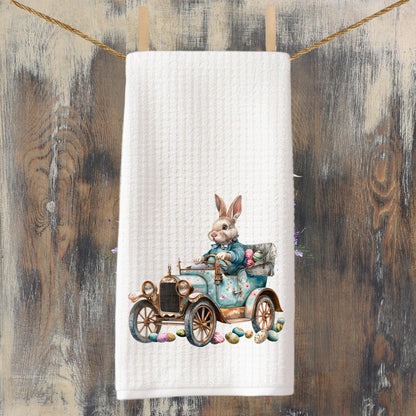 Easter Bunny in Vintage Car Waffle Weave Tea Towel