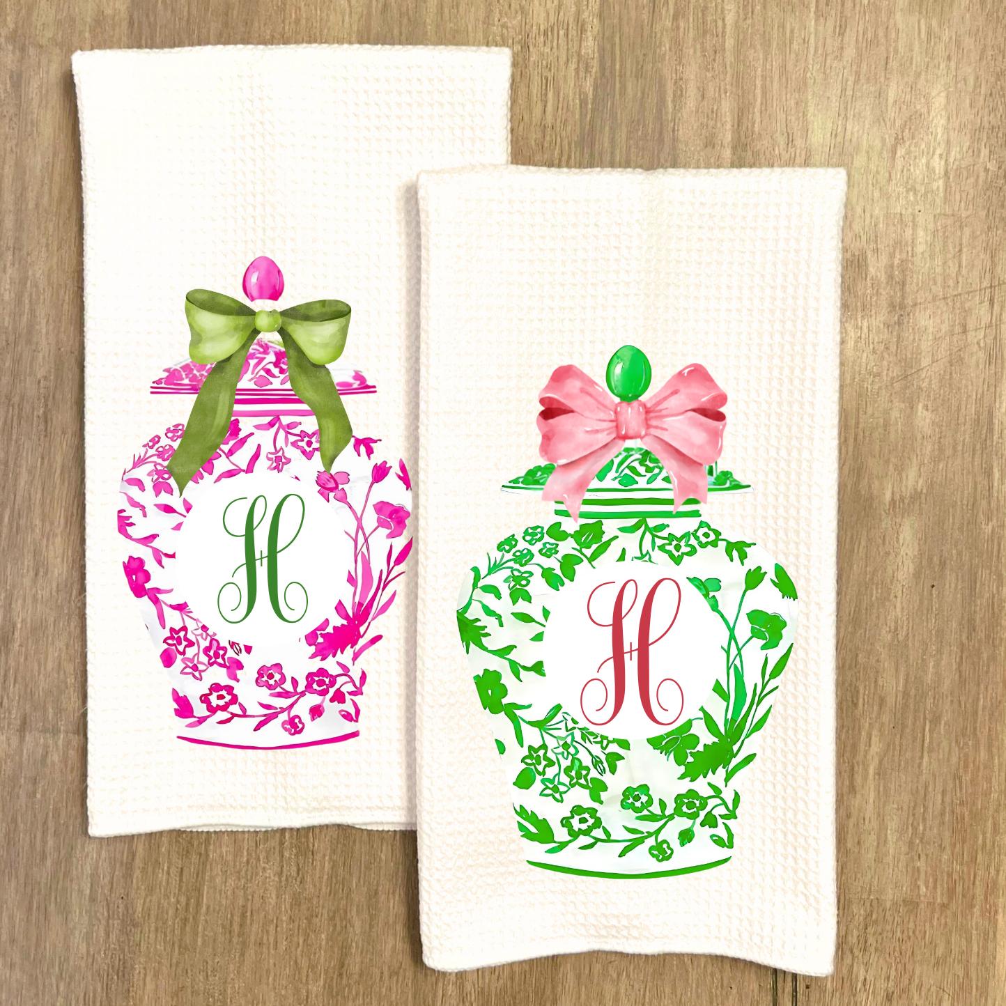 Monogrammed Kitchen Towel Set: Pink & Green Ginger Jar, Chinoiserie Decor